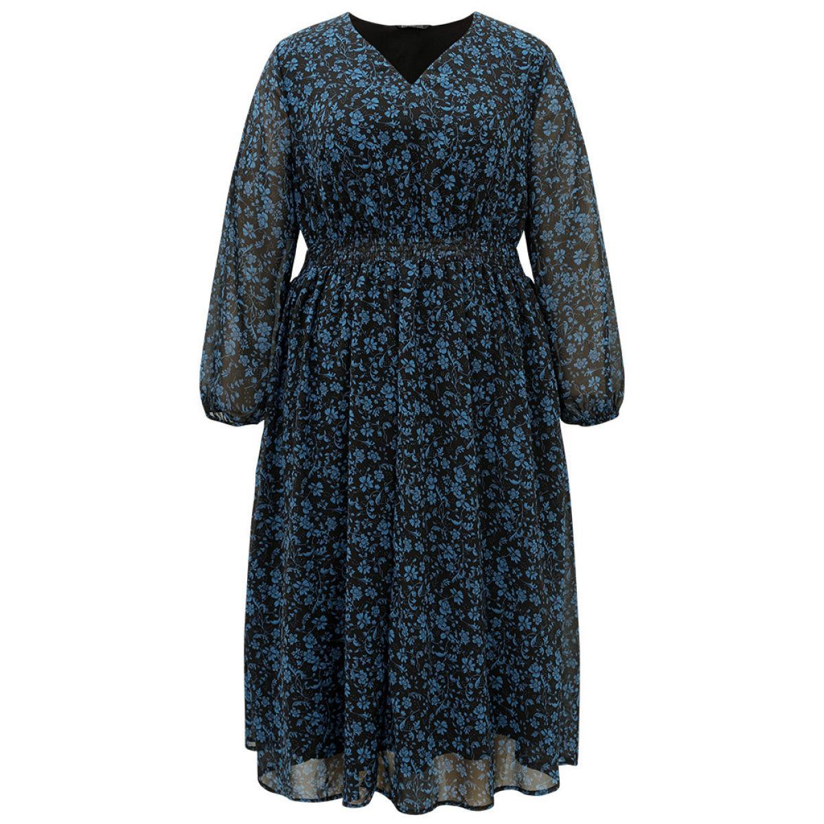 Plus Size Chiffon Ditsy Floral Pocket Shirred Cuffs Dress Black Women Elegant Elastic cuffs V-neck Long Sleeve Curvy Midi Dress BloomChic 12/L Product Image