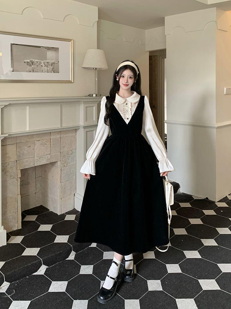 Mock Two-Piece Long-Sleeve Collar Two Tone Velvet Midi A-Line Dress Product Image