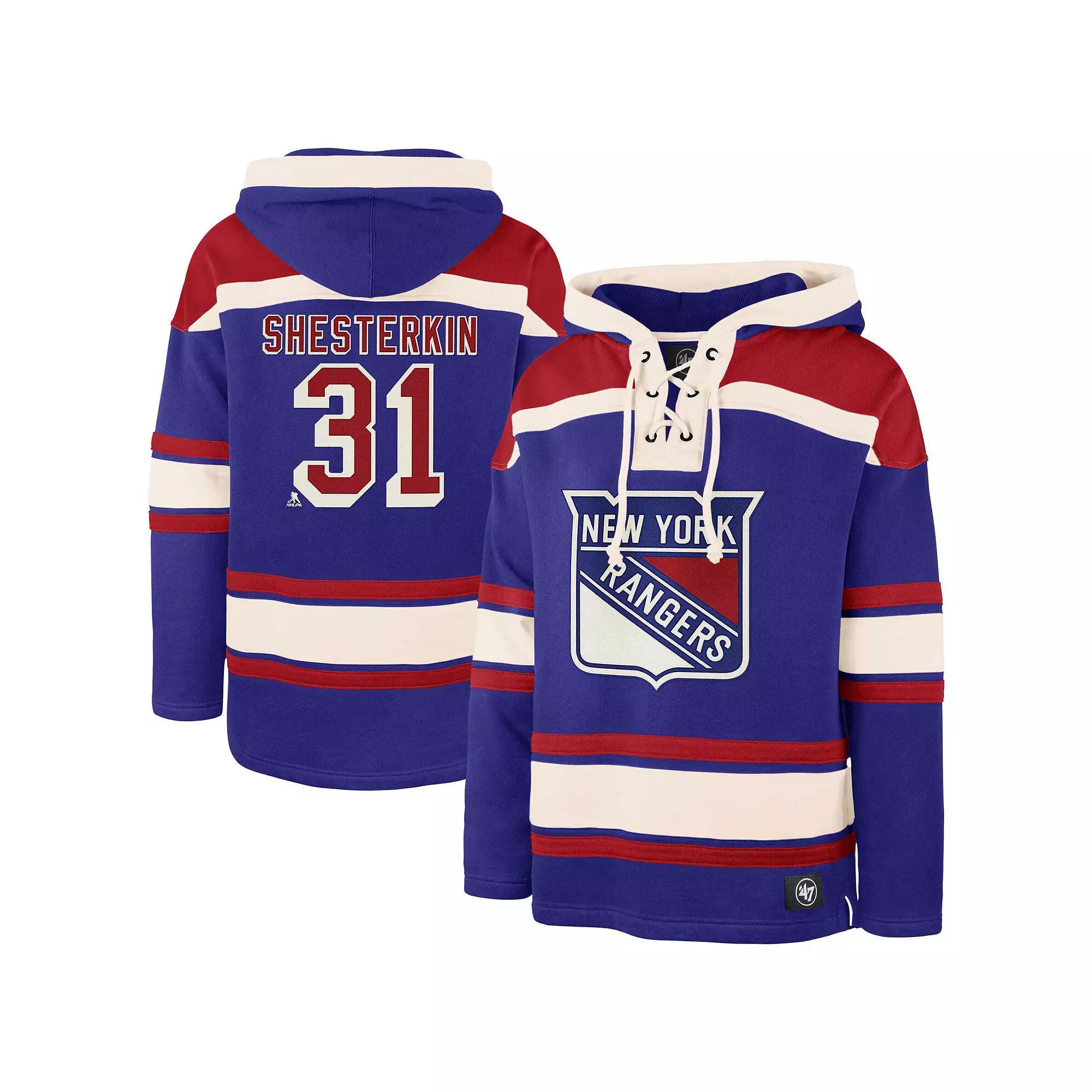Men's '47 Igor Shesterkin Blue New York Rangers Player Name & Number Lacer Pullover Hoodie, Size: 2XL, Ran Blue Product Image
