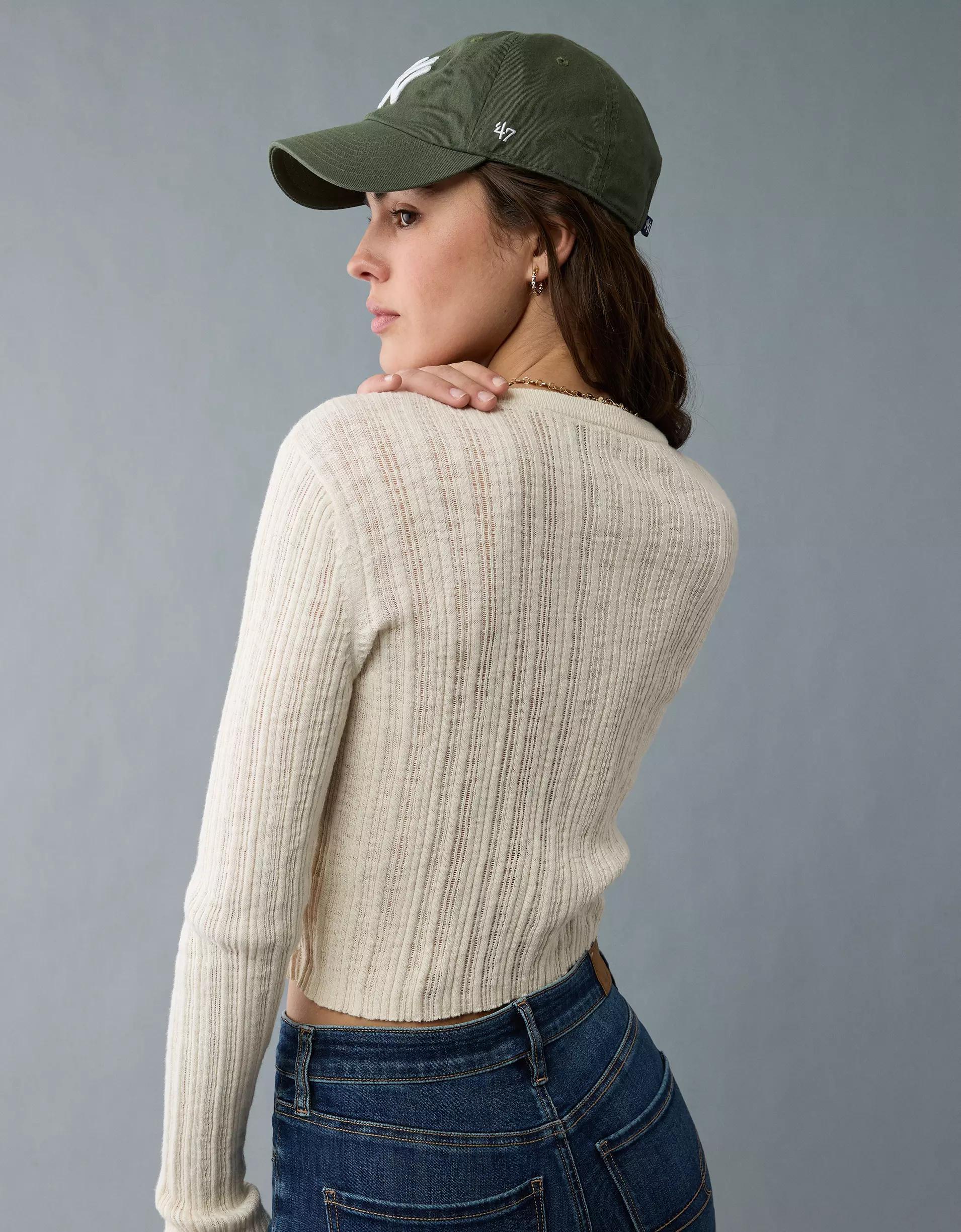 AE Ribbed Crew Neck Cardigan Product Image