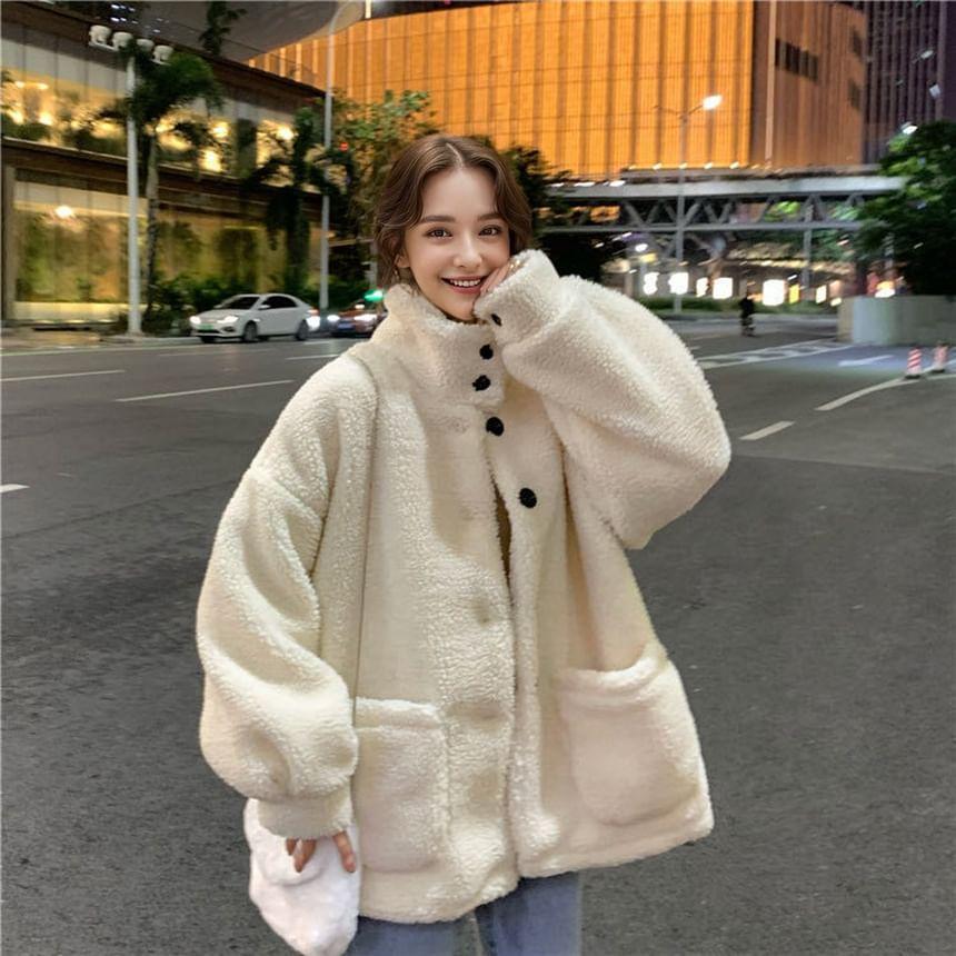 Stand Collar Plain Fleece Oversized Coat Product Image