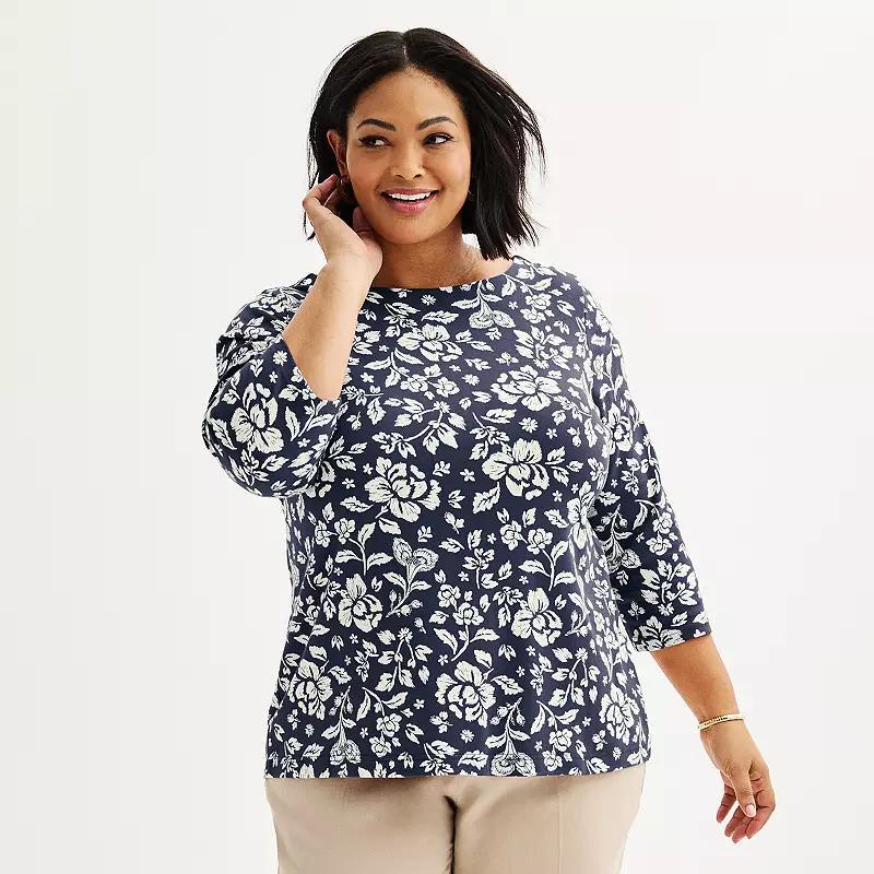 Plus Size Croft & Barrow Boatneck Top, Womens Blue Blooms Product Image