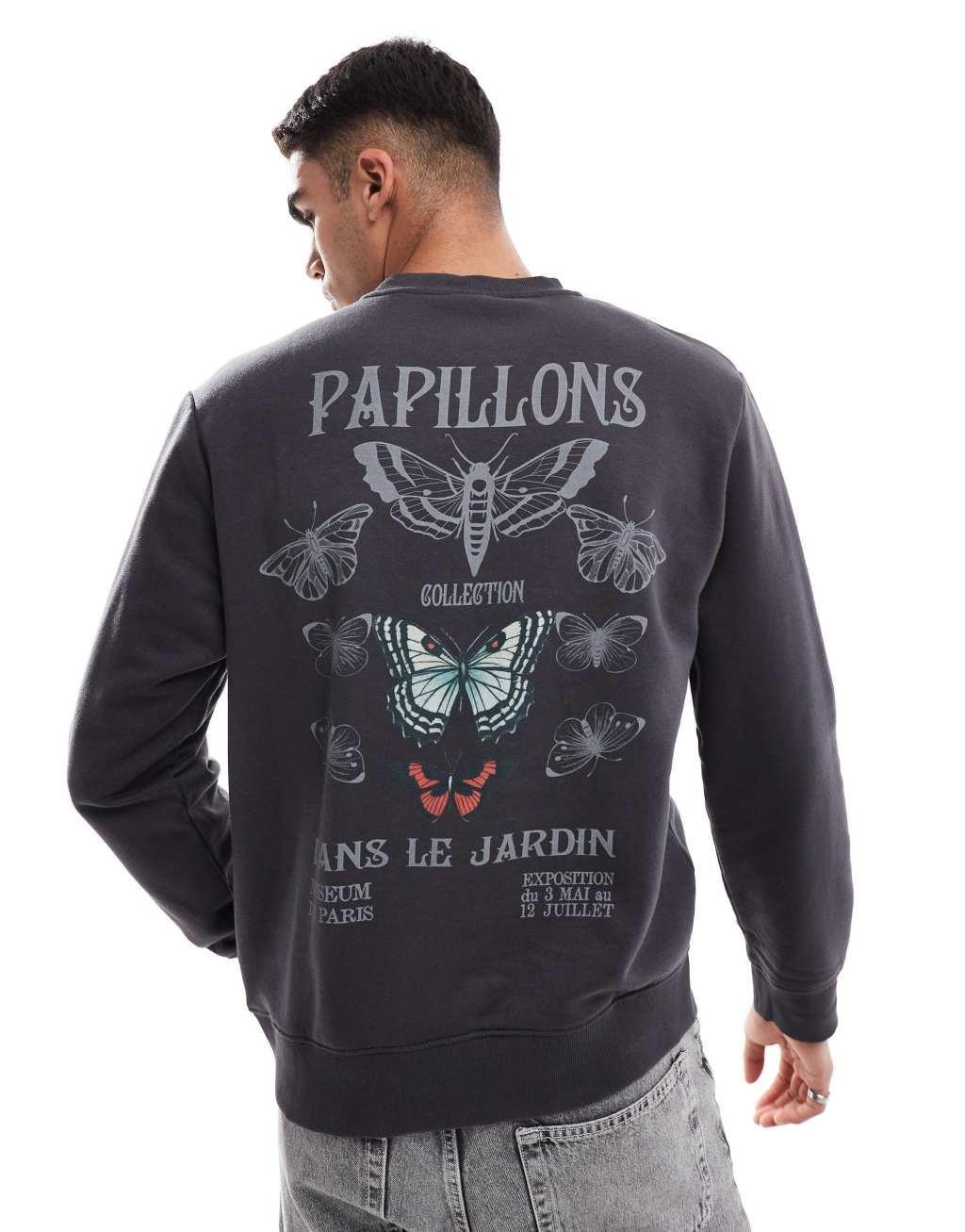 Jack & Jones oversized crew neck sweat with papillon back print in dark gray  Product Image