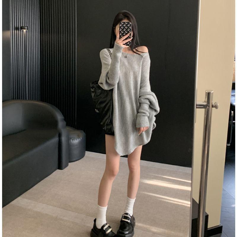 Boat Neck Slit Oversized Sweater Product Image