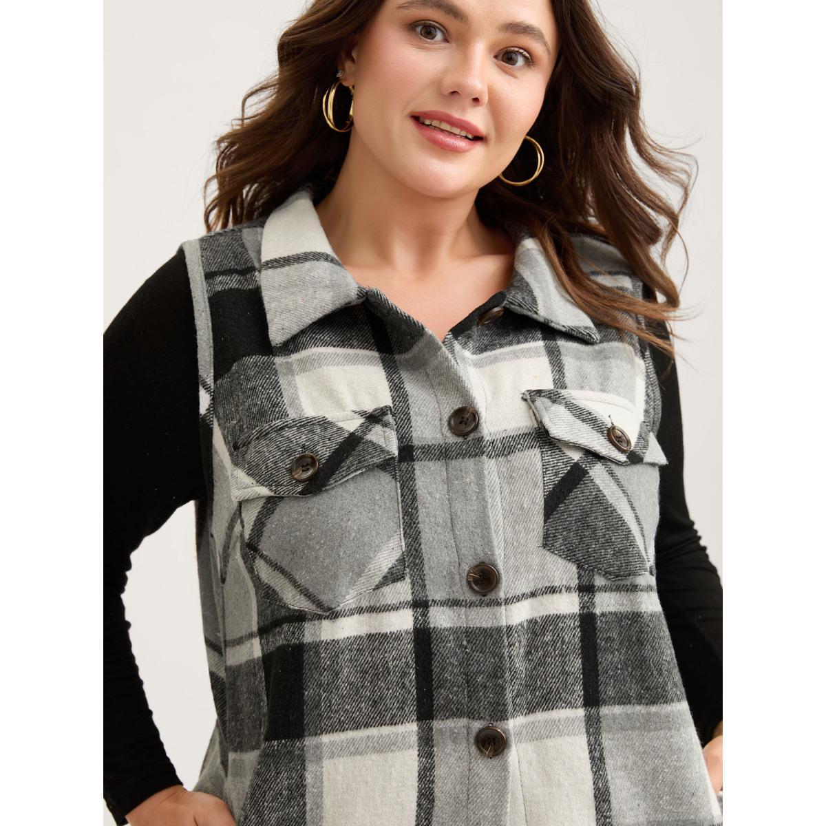 Plus Size Plaid Flap Detail Sleeveless Jacket Women Black Button Side seam pocket Casual Jackets BloomChic 30/6X Product Image