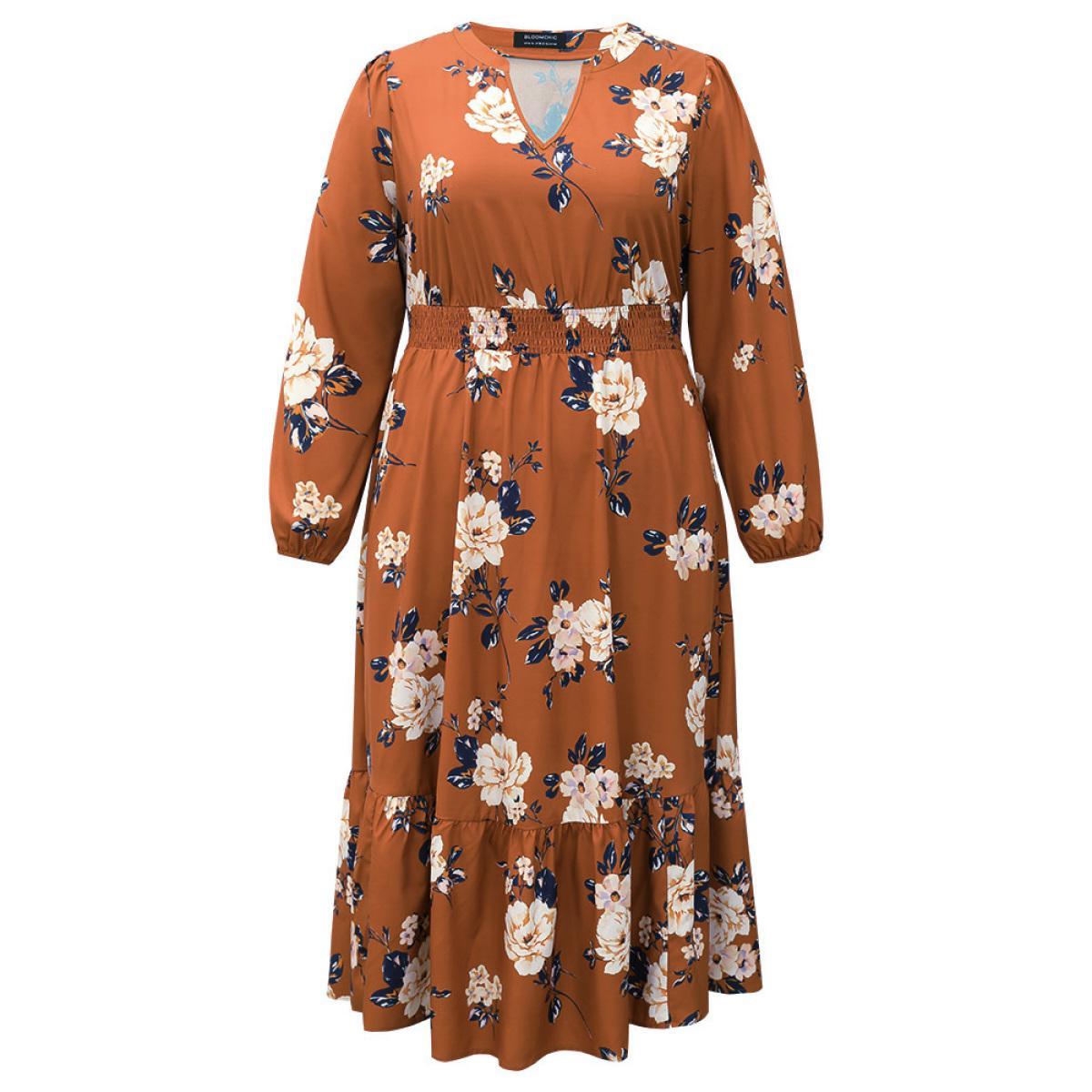 Plus Size Floral Print Notched Shirred Elastic Cuffs Dress Chocolate Women Elegant Elastic cuffs Notched collar Long Sleeve Curvy Midi Dress BloomChic 22-24/3X Product Image