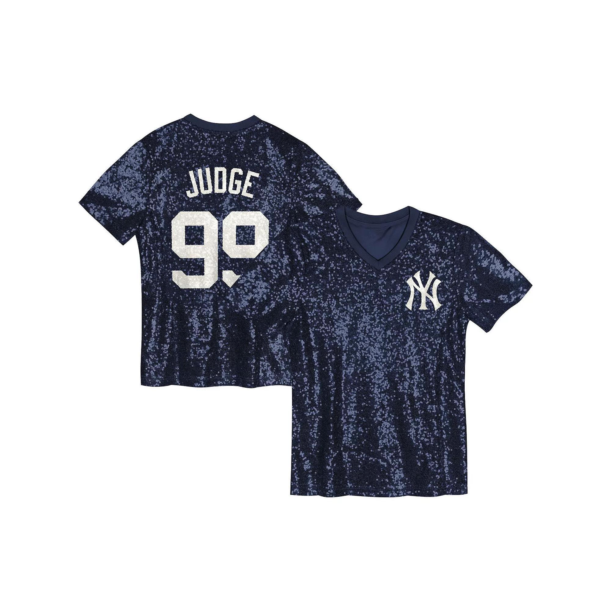 Juniors Aaron Judge Navy New York Yankees Name & Number Sequin V-Neck Top, Women's, Size: JR Large, Blue Product Image