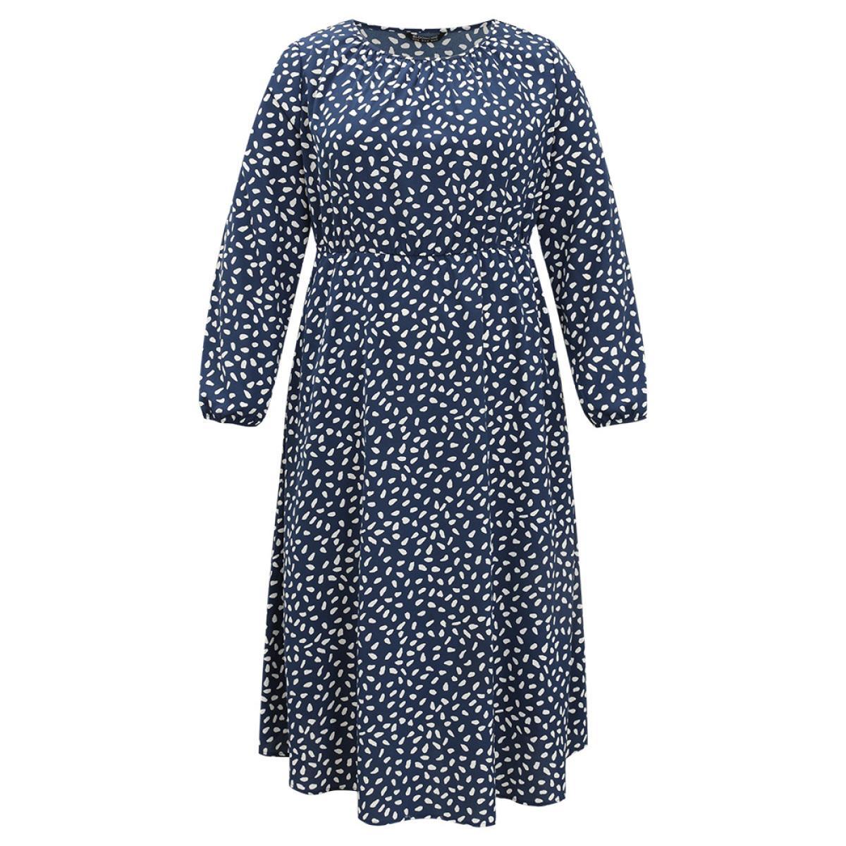 Plus Size Geometric Print Plicated Detail Pocket Dress DarkBlue Women Elegant Elastic cuffs Round Neck Long Sleeve Curvy Midi Dress BloomChic 26/4X Product Image