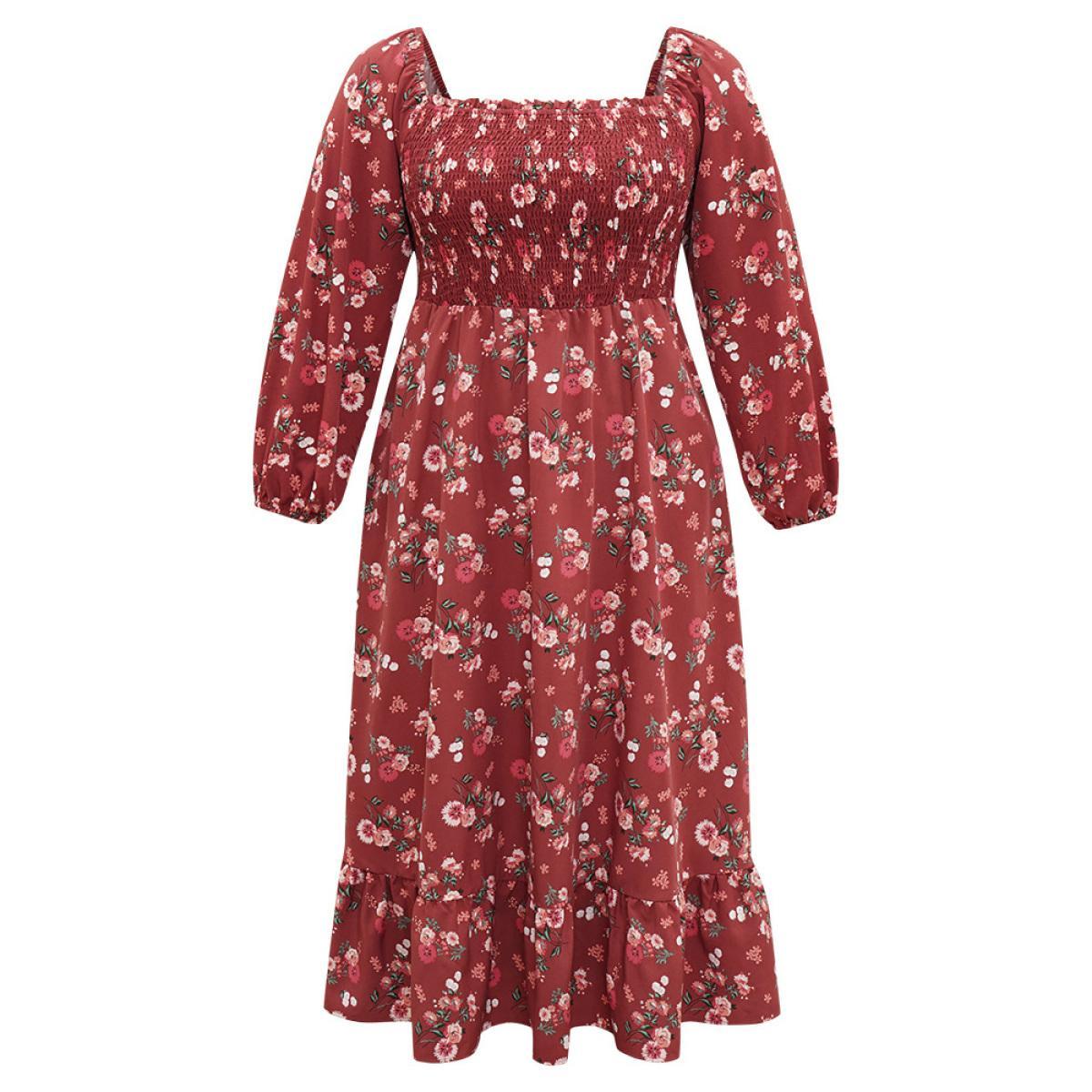 Plus Size Floral Print Shirred Elastic Cuffs Dress Russet Women Elegant Elastic cuffs Square Neck Long Sleeve Curvy Midi Dress BloomChic 10/M Product Image