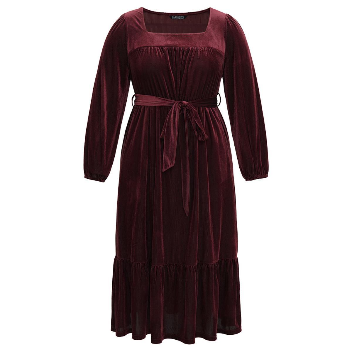 Plus Size Velvet Belted Square Neck Gathered Dress Russet Women Glamour Velvet Square Neck Long Sleeve Curvy Midi Dress BloomChic 14-16/1X Product Image