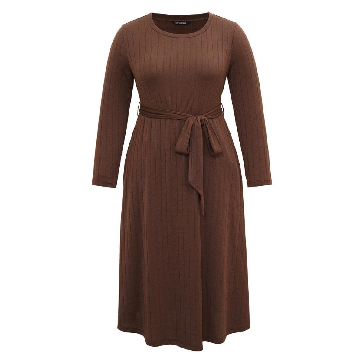 Plus Size Plain Rib Knit Belted Pocket Dress DarkBrown Women Elegant Plain Round Neck Long Sleeve Curvy Midi Dress BloomChic 14-16/1X Product Image