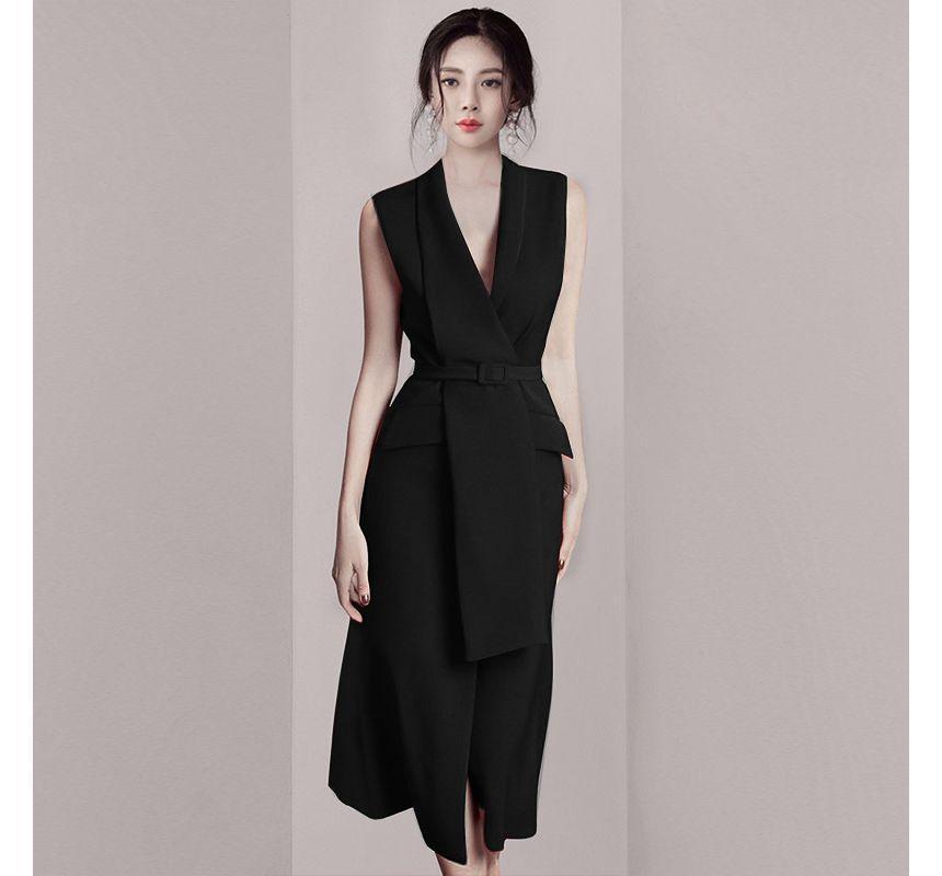 Sleeveless Asymmetrical Lapel Plain Belted Midi A-Line Dress Product Image