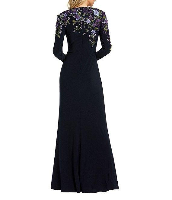 Mac Duggal Floral Embellished Knit Crew Neck Long Sleeve Gathered Side Gown Product Image