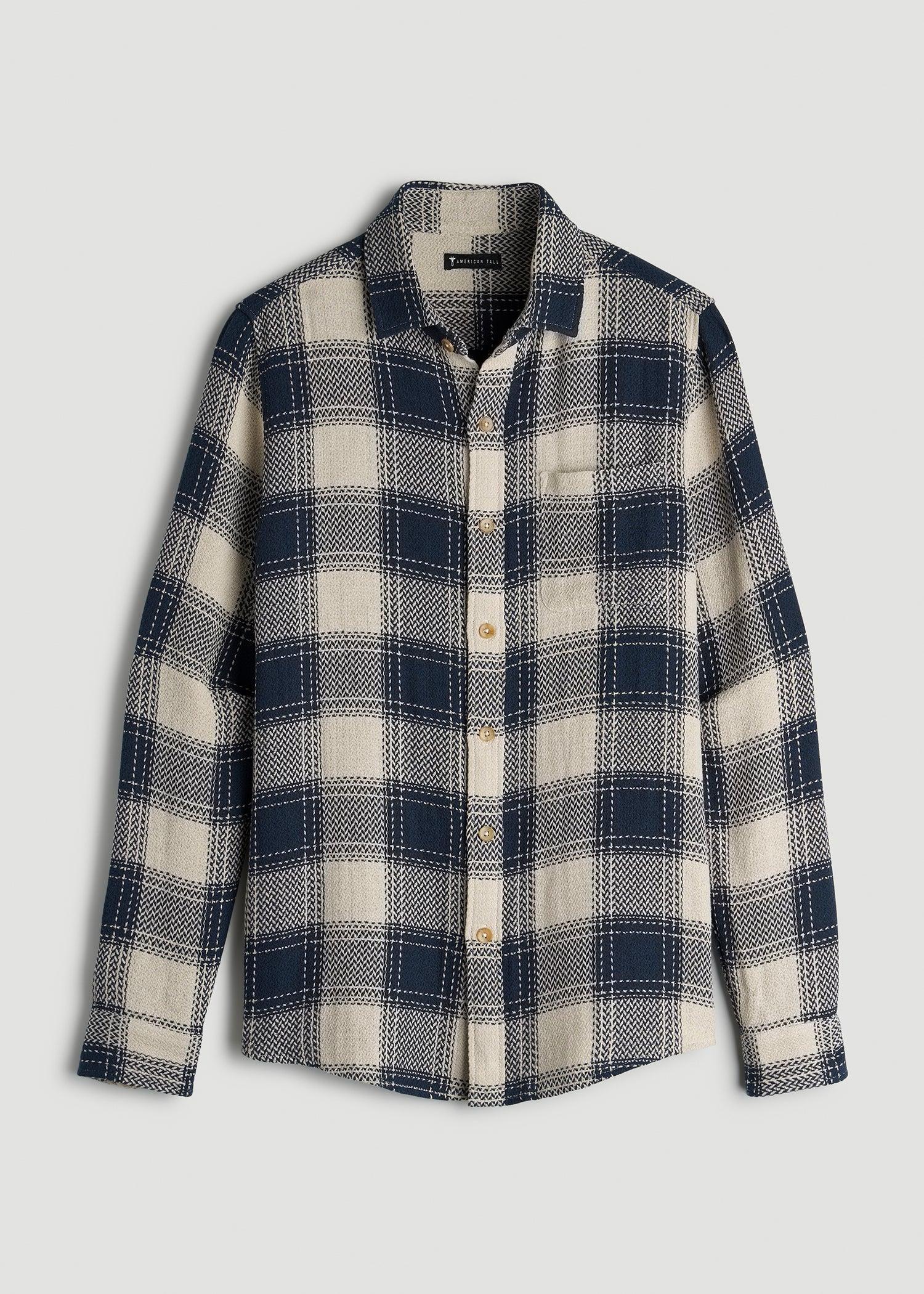 Lightweight Woven Overshirt for Tall Men in Navy and Beige Plaid Male Product Image