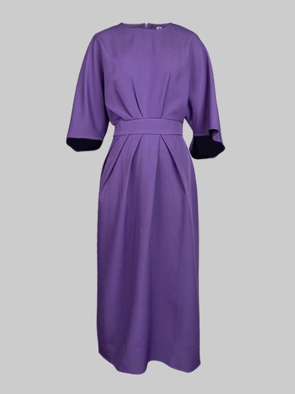 Loose Puff Sleeves Pleated Solid Color Split-Joint Round-Neck Midi Dresses Product Image