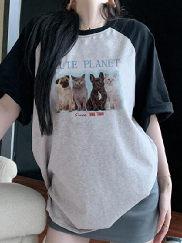 Cat Print Raglan Oversized Short Sleeve Tee Product Image