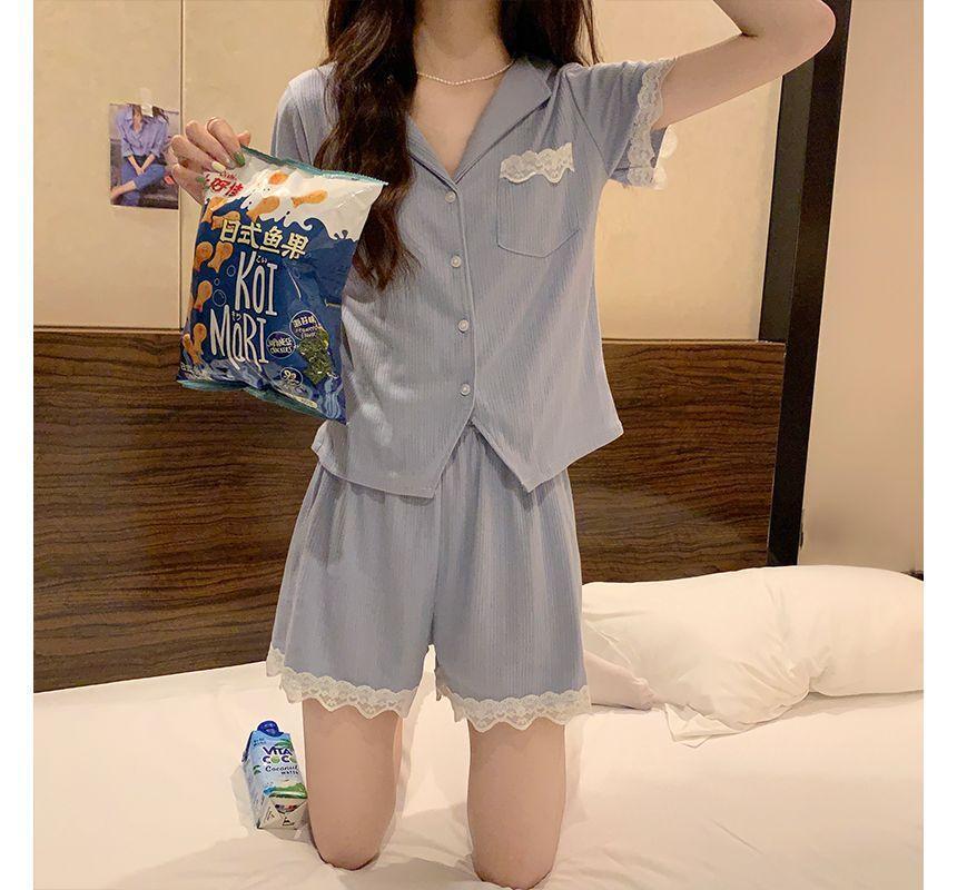 Pajama Set: Short-Sleeve Lace Trim Shirt + Shorts Product Image