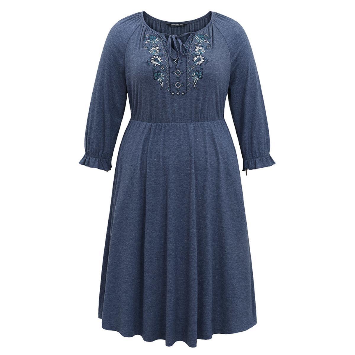 Plus Size Floral Embroidered Knot Neck Lantern Sleeve Dress DarkBlue Women Vacation Plain Tie Neck Elbow-length sleeve Curvy Midi Dress BloomChic 28/5X Product Image