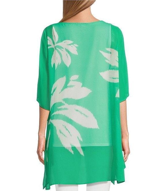 Slim Factor by Investments Simply Green Ikat Flower Placement Print Boat Neck 3/4 Sleeve Lined Tunic Product Image