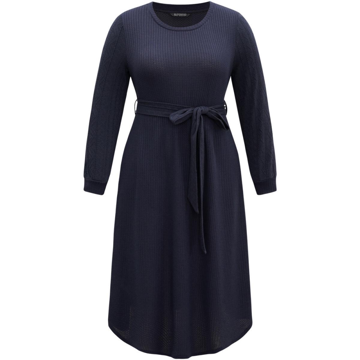 Plus Size Solid Waffle Knit Round Neck Belted Dress DarkBlue Women Casual Texture Round Neck Long Sleeve Curvy Midi Dress BloomChic 30/6X Product Image