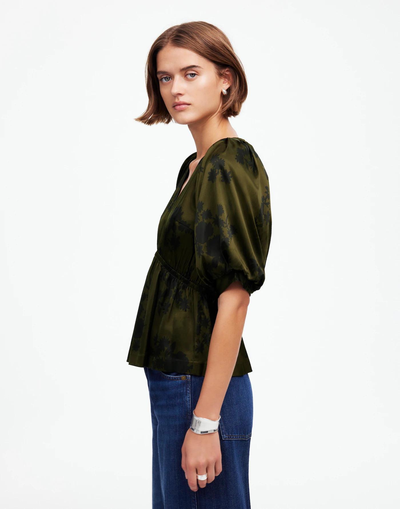 Shirred Puff-Sleeve Top in Satin Product Image