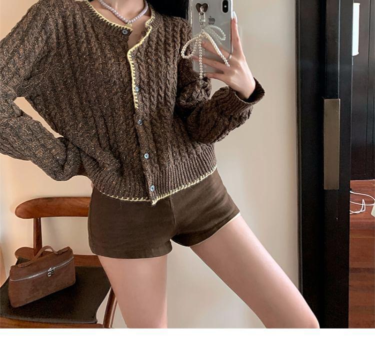 Crew Neck Contrast Trim Button-Up Crop Cardigan Product Image