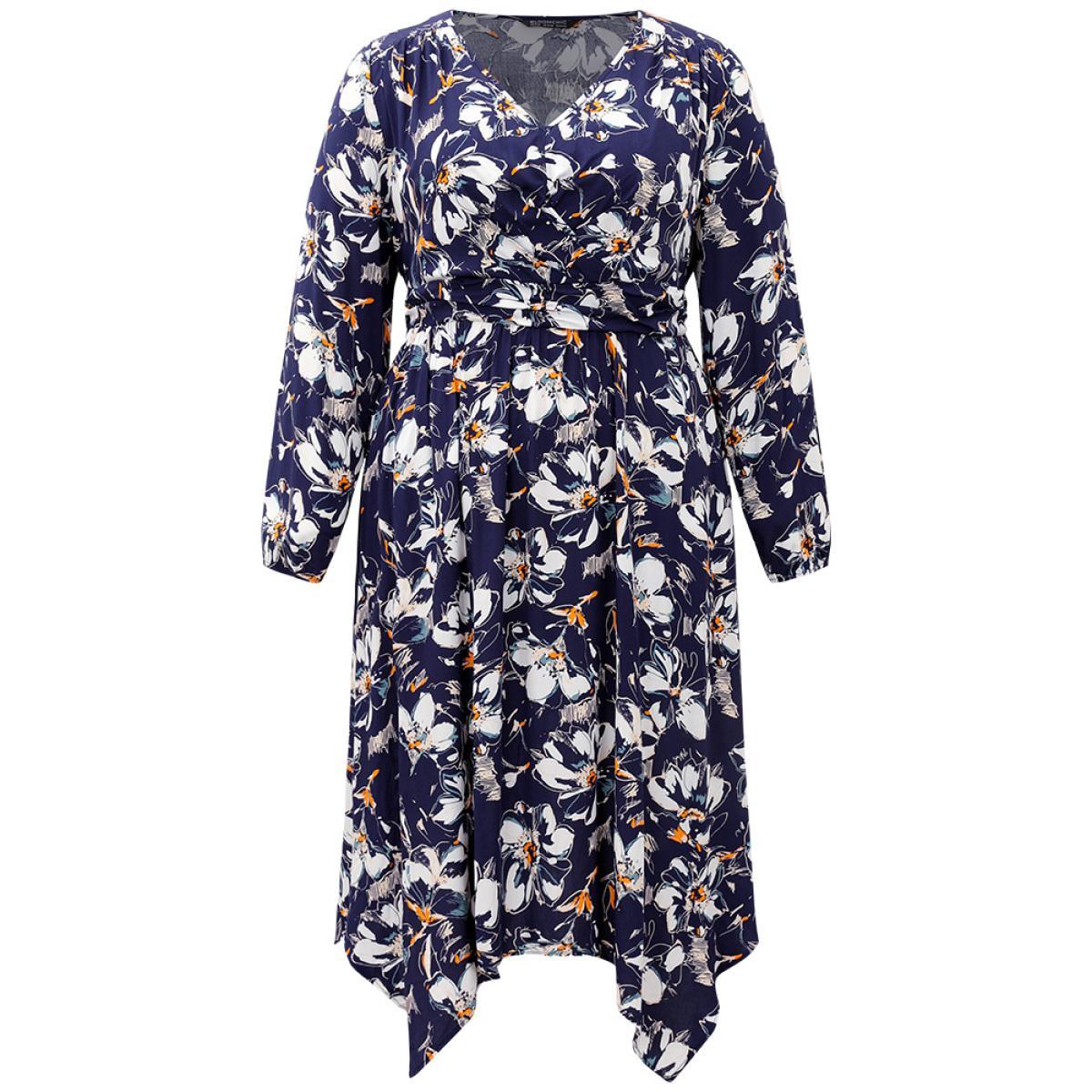 Plus Size Floral Print Ruched Plicated Detail Dress DarkBlue Women Elegant Elastic cuffs V-neck Long Sleeve Curvy Midi Dress BloomChic 18-20/2X Product Image