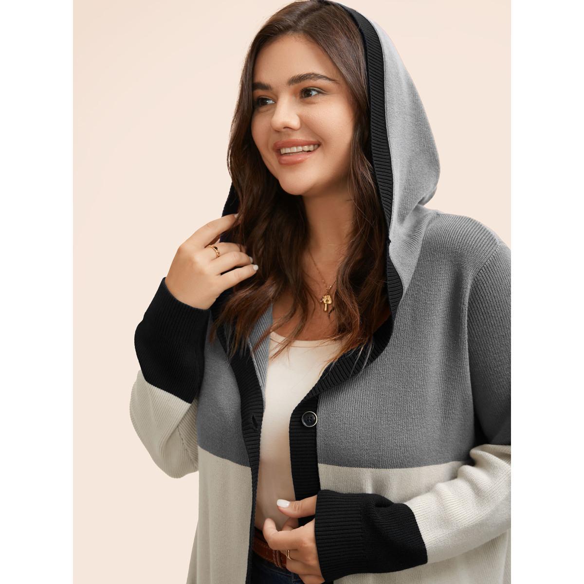 Plus Size Colorblock Contrast Patched Pocket Hooded Cardigan Mediumgray Women Casual Loose Long Sleeve Everyday Cardigans BloomChic 28/5X Product Image
