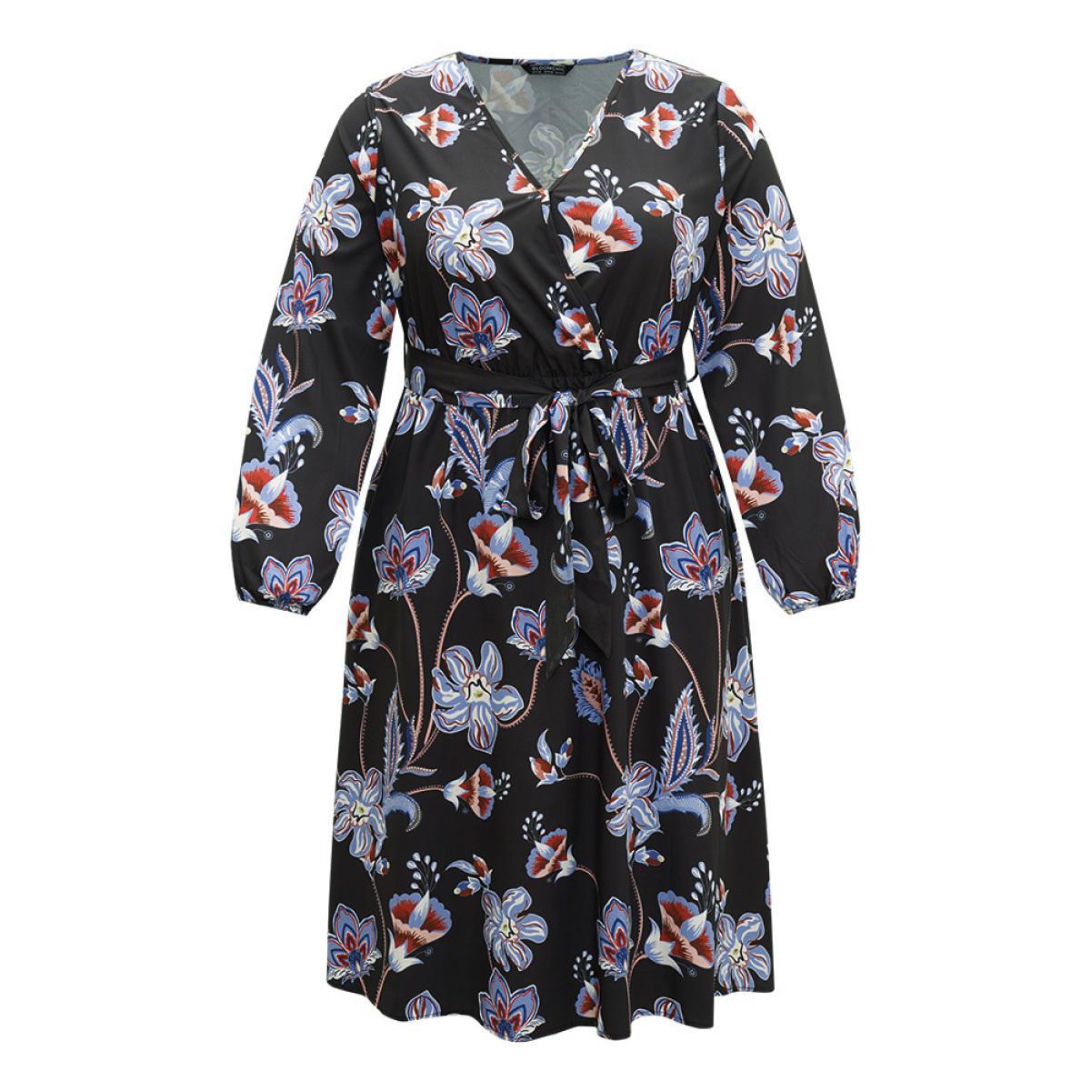 Plus Size Floral Print Elastic Cuffs Belted Dress Black Women Elegant Elastic cuffs V-neck Long Sleeve Curvy Midi Dress BloomChic 18-20/2X Product Image