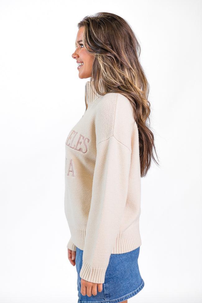 Roll With It Beige Los Angeles Embroidered Quarter Zip Sweater  FINAL SALE Product Image