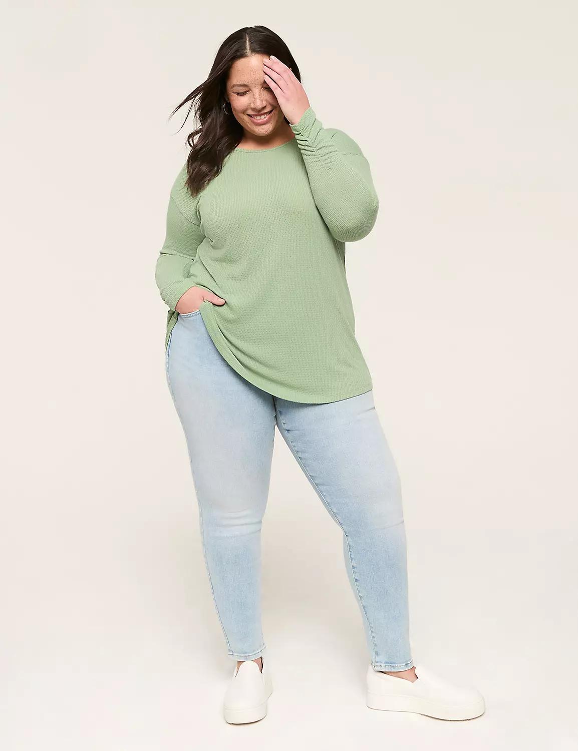 Ruched-Cuff Crew-Neck Top Product Image