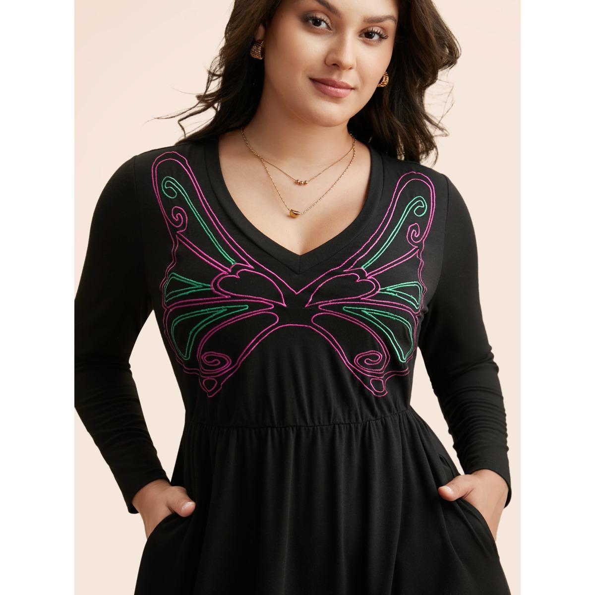 Plus Size Butterfly Embroidered V Neck Midi Dress Black Women Elegant Embroidered V-neck Long Sleeve Curvy BloomChic 28/5X Product Image
