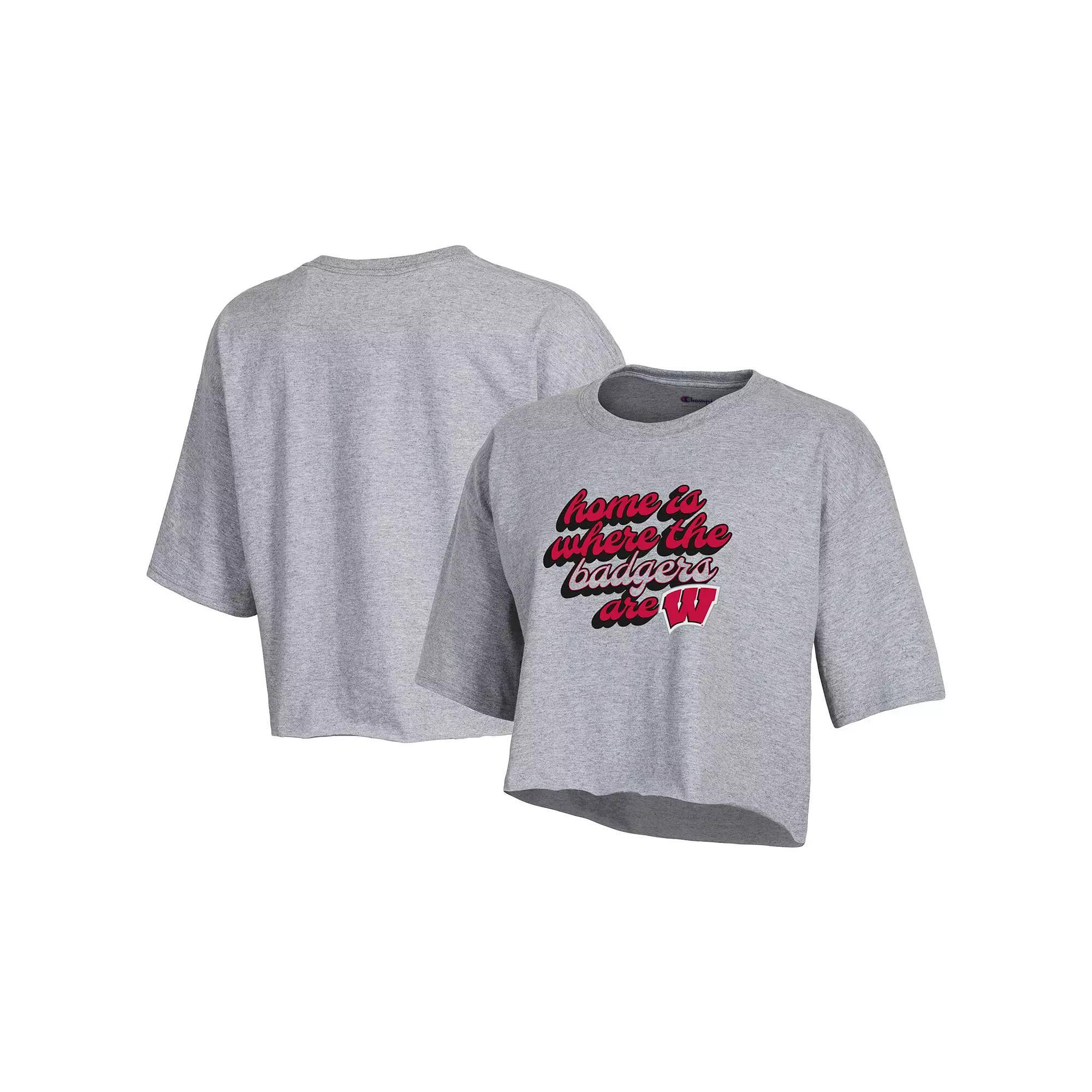 Women's Champion Heather Gray Wisconsin Badgers Boyfriend Cropped T-Shirt,  Product Image