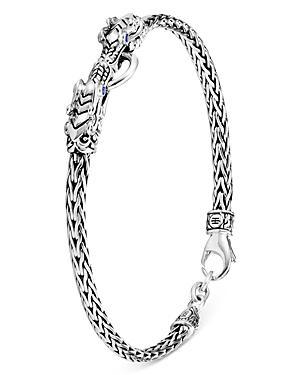 Womens Naga Dragon Silver & Blue Sapphire Double Dragon Head Slim Chain Bracelet Product Image