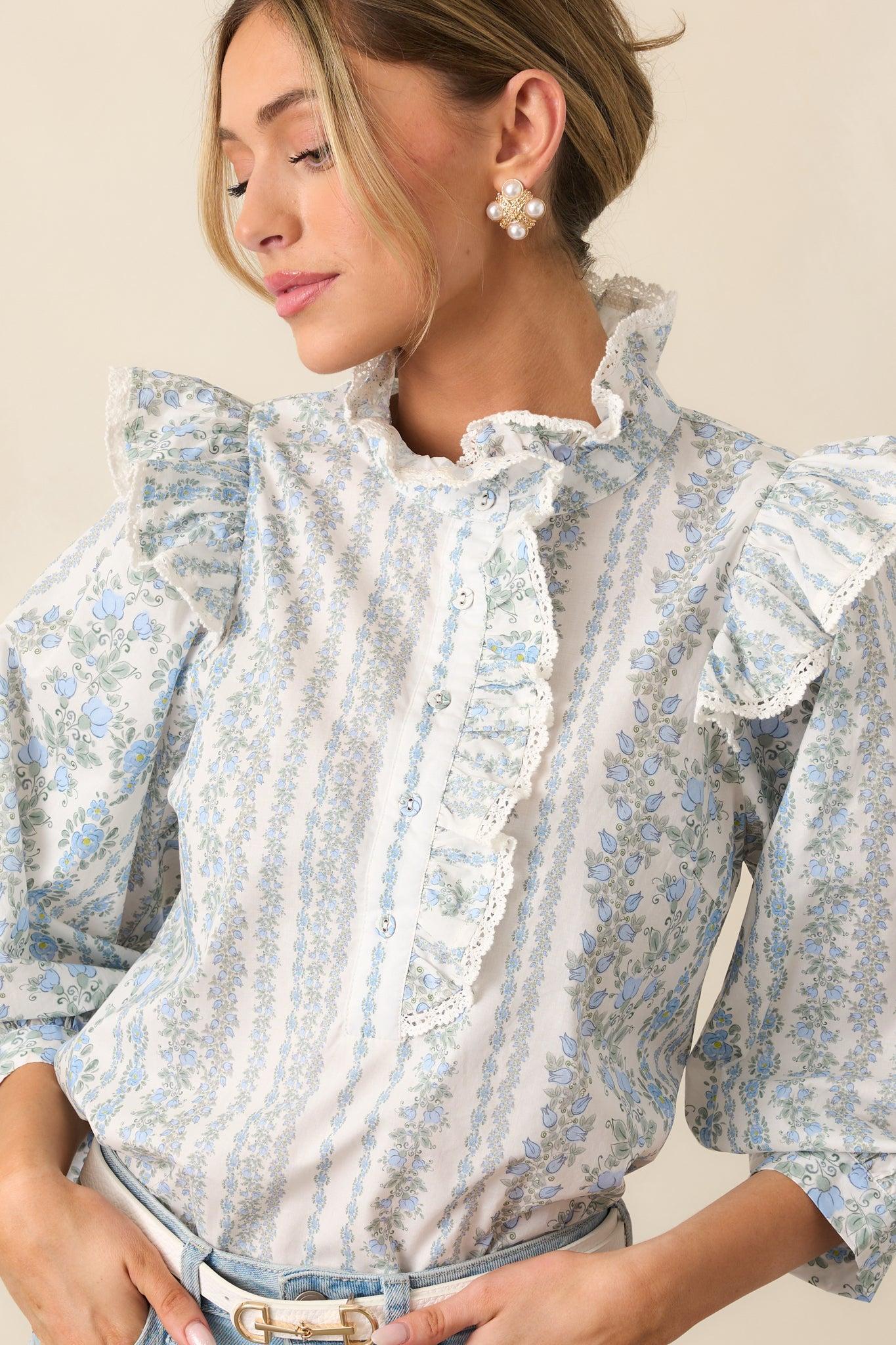 Hummingbird’s Haven Cotton Blue Flutter Sleeve Blouse Product Image
