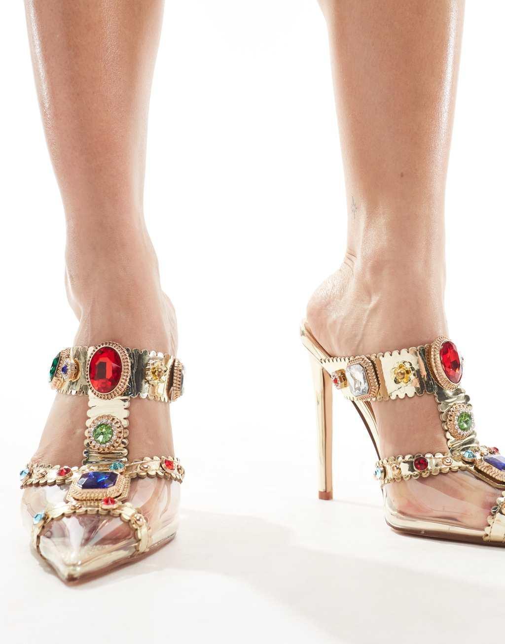 Azalea Wang Zya jewel embellished heeled mules in gold Product Image