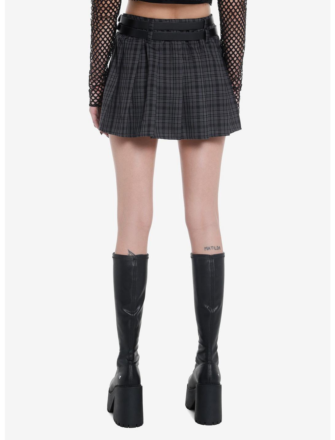 Grey Plaid Double-Belted Mini Skirt Product Image