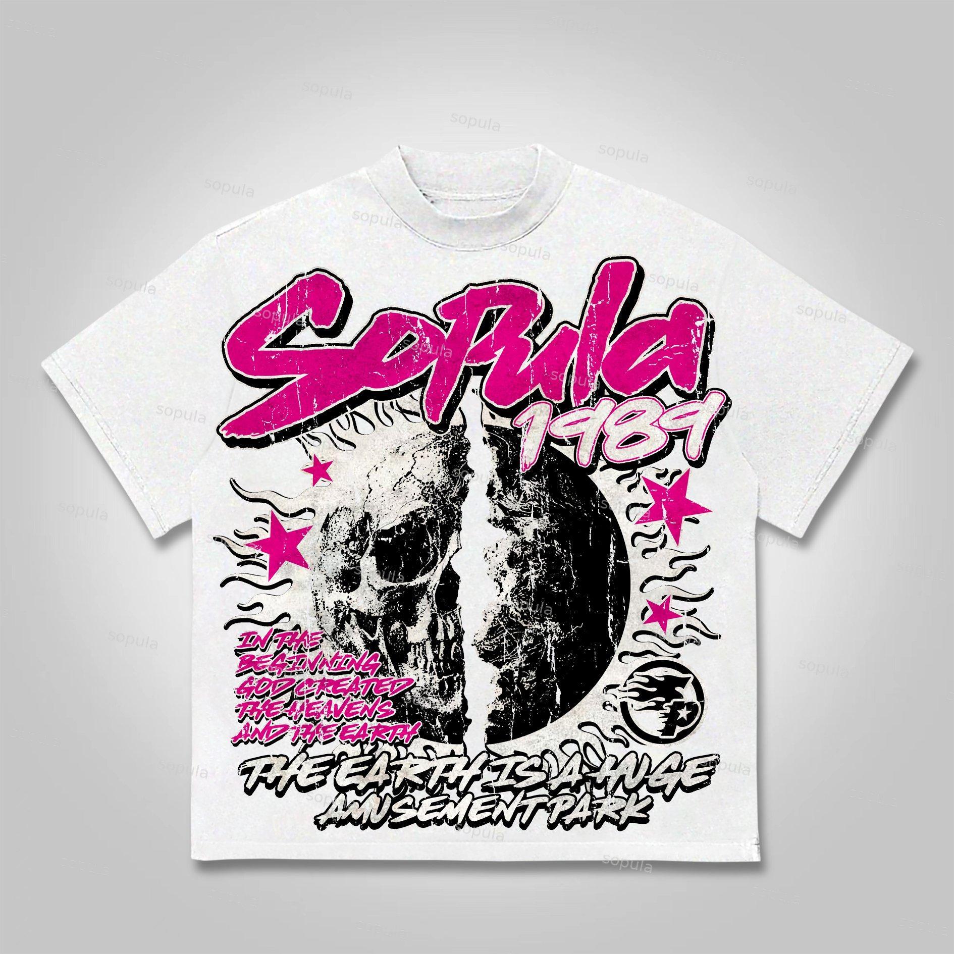 Sopula Street Retro Flame Skeleton Earth Print Cotton T-Shirt Product Image