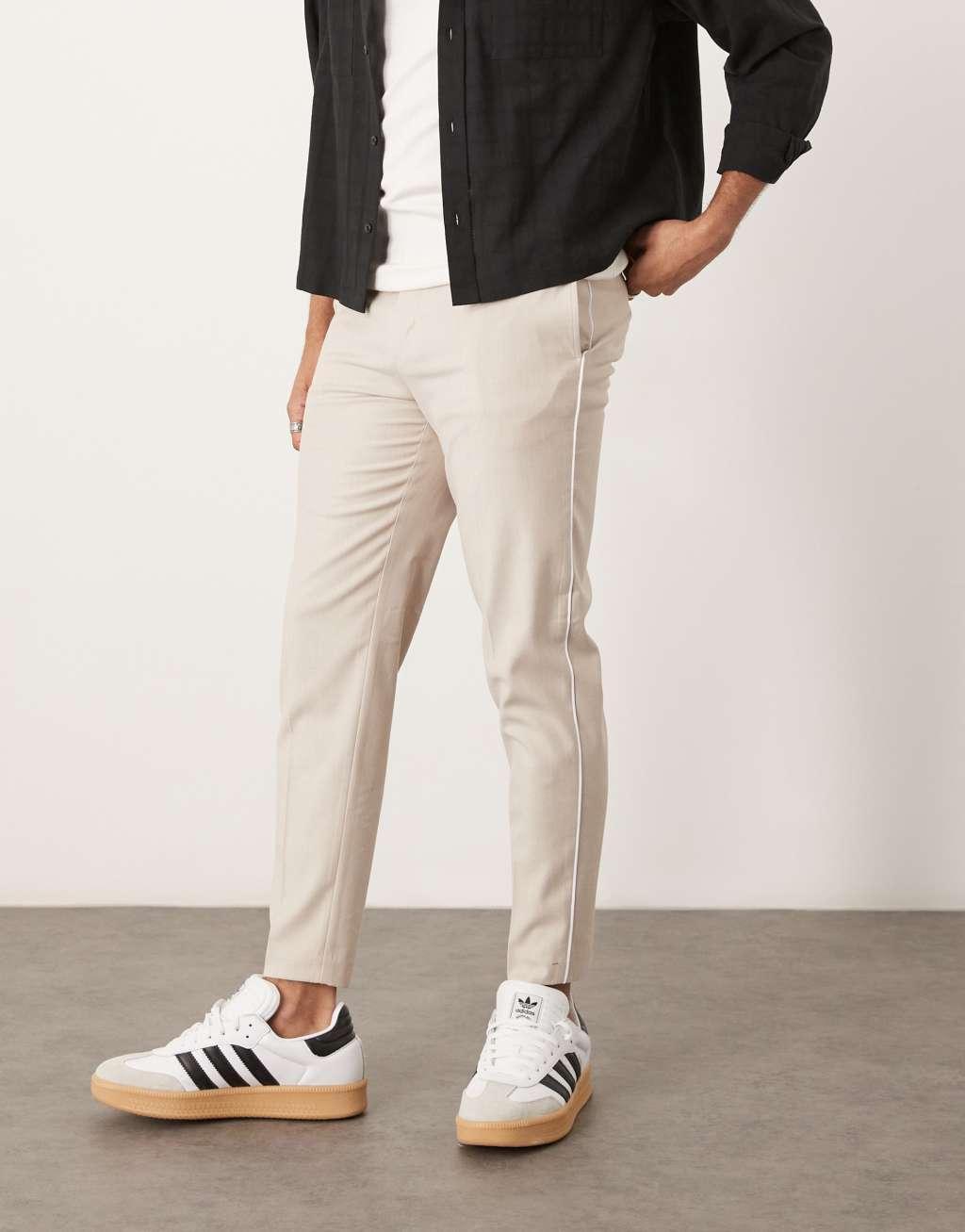 ASOS DESIGN smart tapered pants with side piping in stone Product Image
