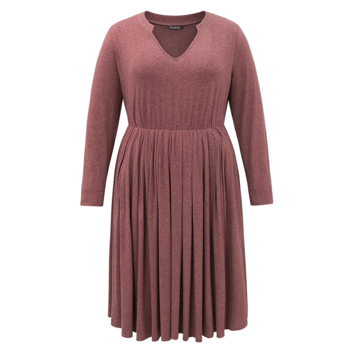 Plus Size Supersoft Essentials Notched Elastic Waist Dress Russet Women Elegant Gathered Notched collar Long Sleeve Curvy Midi Dress BloomChic 14-16/1X Product Image