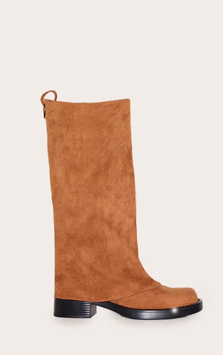 Camel Faux Suede Block Heeled Fold Over Knee High Boots Product Image