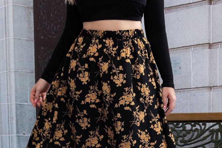 Plus Size High Rise Floral Print Asymmetrical Midi A-Line Skirt Product Image