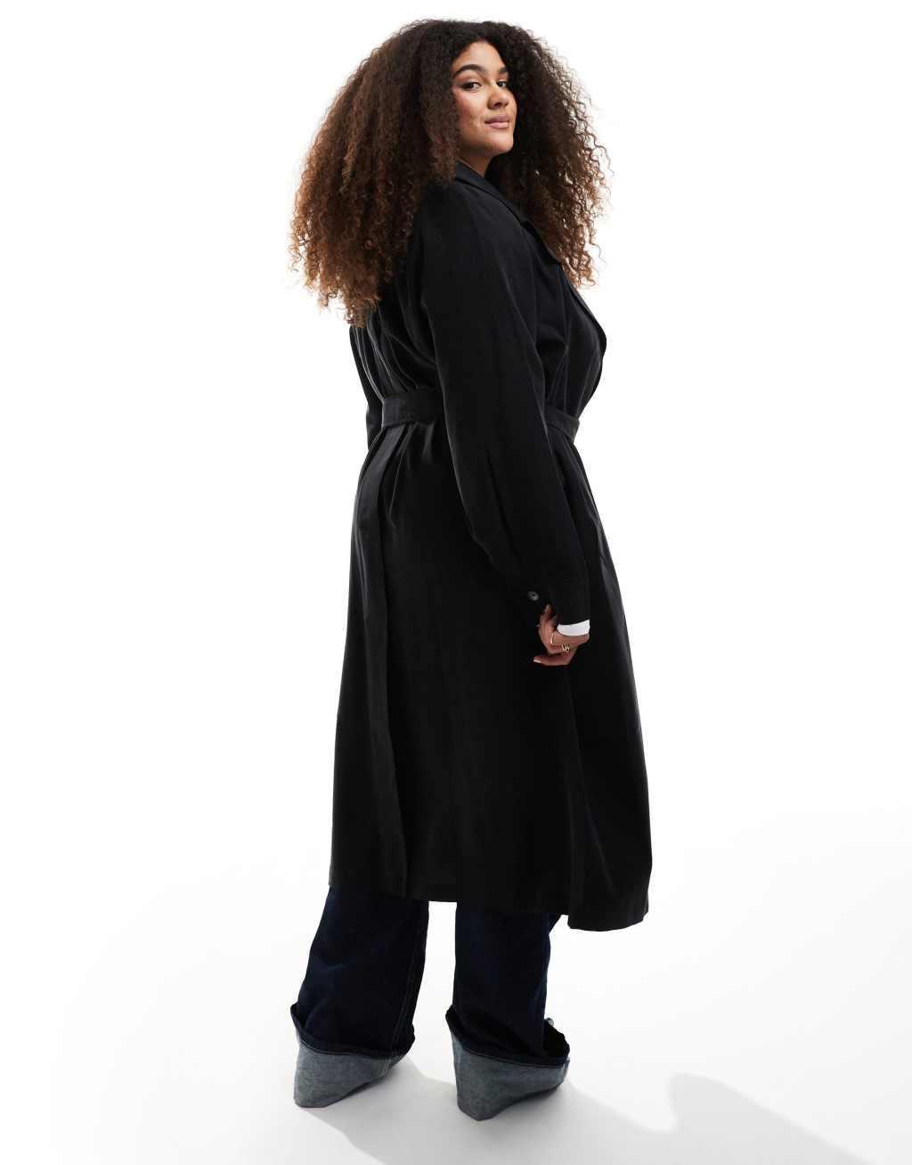 ASOS DESIGN Curve waterfall collar trench coat in black | ASOS Product Image