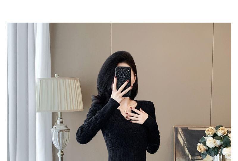 Long-Sleeve Notch Neck Plain Knit Mermaid Dress Product Image