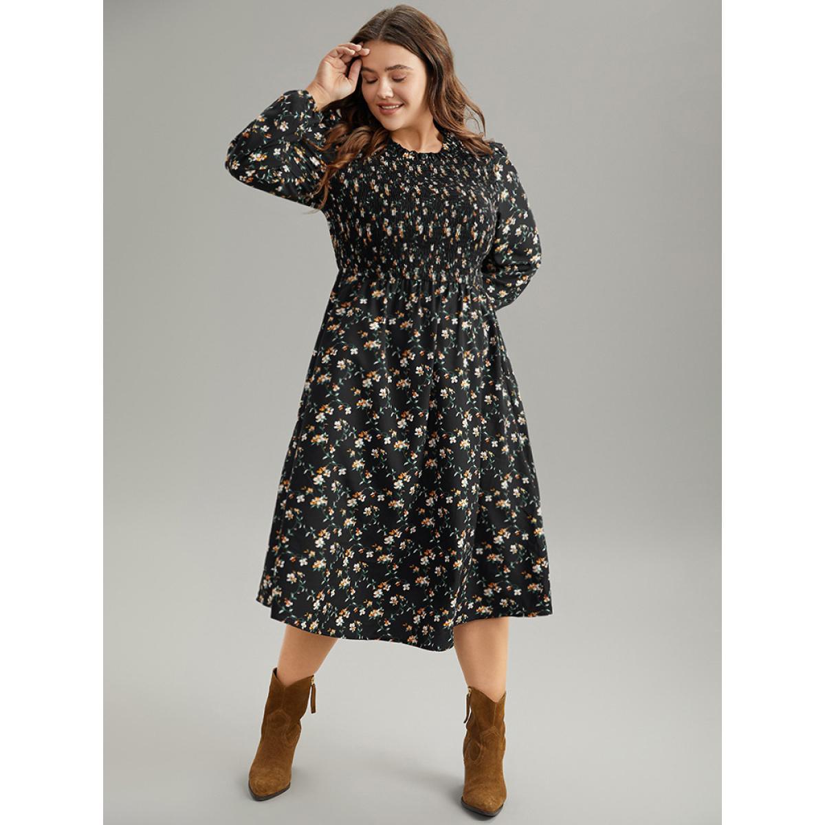 Plus Size Ditsy Floral Frill Trim Shirred Dress Black Women Elegant Elastic cuffs Mock Neck Long Sleeve Curvy Midi Dress BloomChic 18-20/2X Product Image
