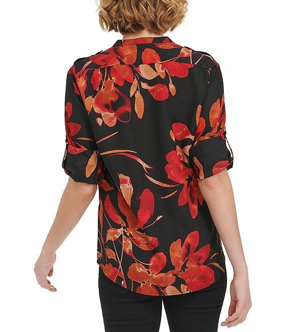 Calvin Klein Printed Split V Neckline Roll Tab Sleeve Top Product Image