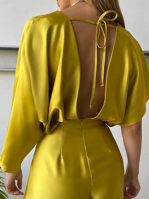 Asymmetric Solid Color Deep V-Neck Jumpsuits Product Image