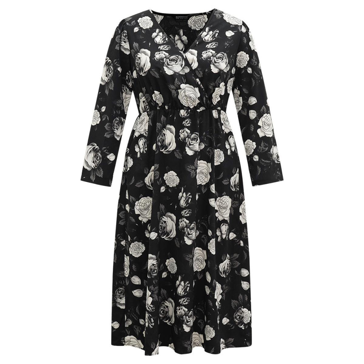 Plus Size Floral Print Pocket Elastic Waist Wrap Dress Black Women At the Office Wrap Overlap Collar Long Sleeve Curvy Midi Dress BloomChic 12/L Product Image
