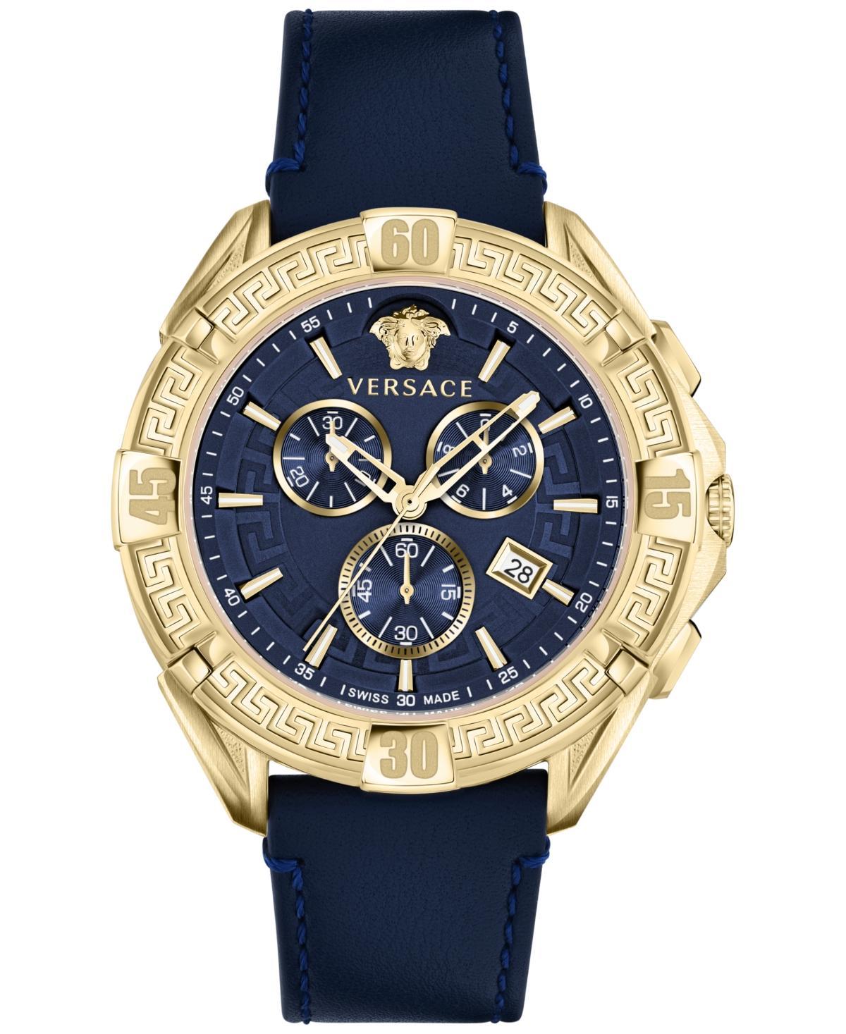 VERSACE Men's Swiss Chronograph Sporty Blue Leather Strap Watch 46mm In Gold Product Image