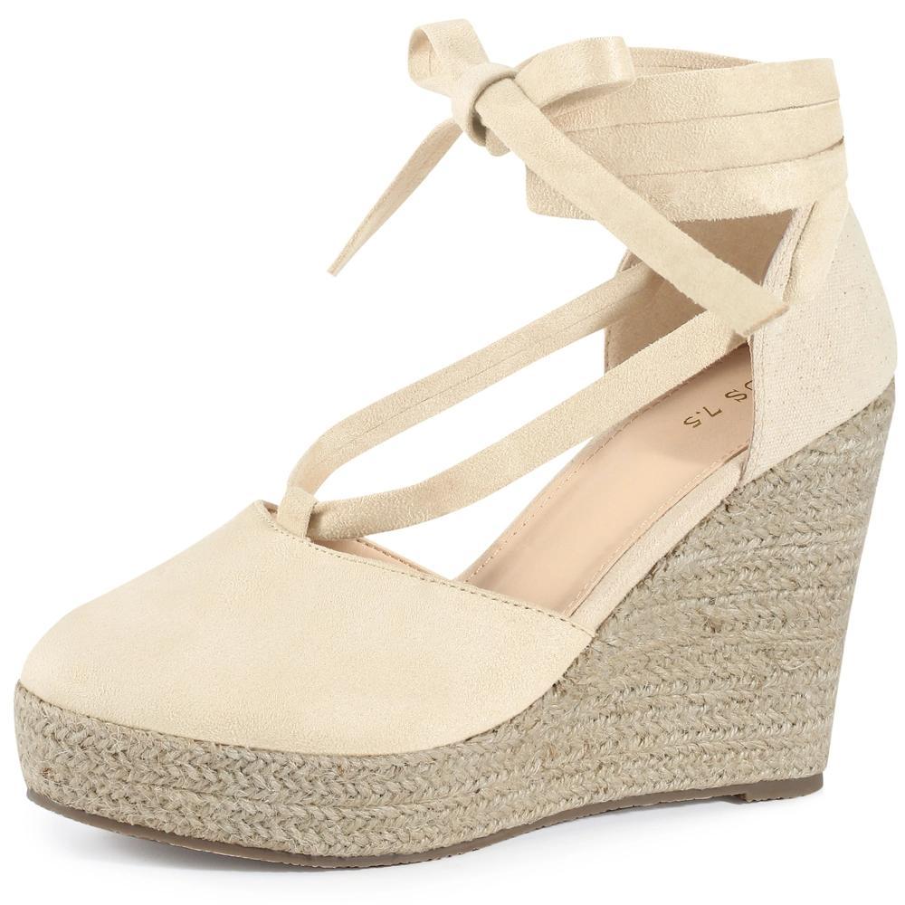 Perphy Women's Platform Lace Up Closed Toe Wedges Heel Espadrille Sandals Beige 10 Product Image